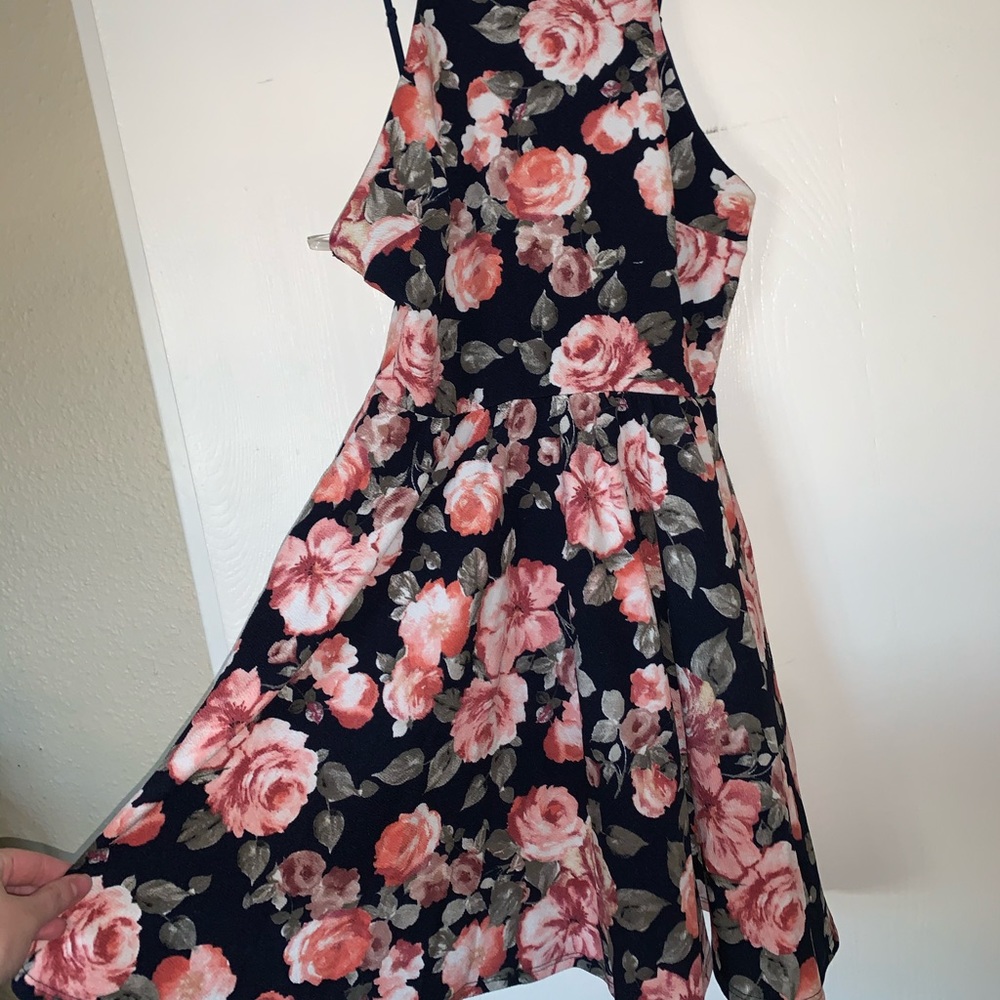 Short halter top dark blue dress w/ floral designs